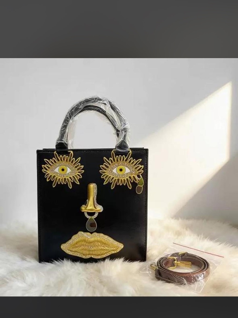 Black Novelty Face Applique Tote Bag with Gold Accents